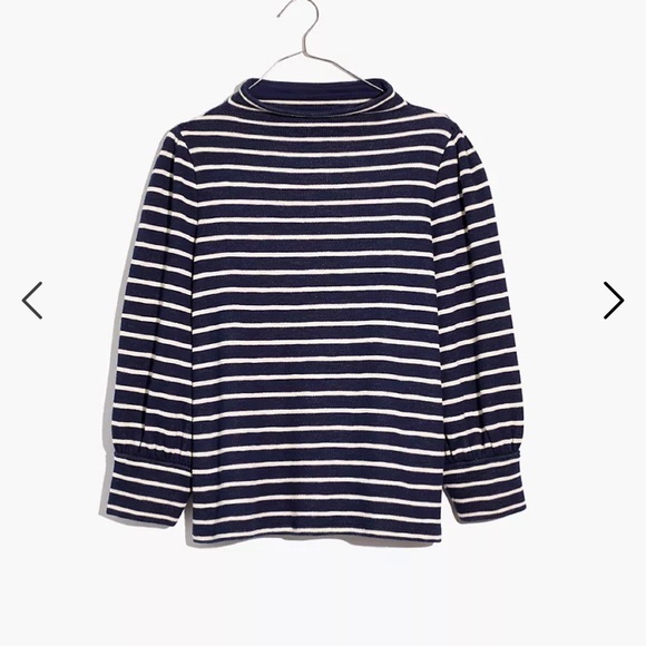 New Madewell Gathered-Sleeve Mockneck Top in sweater stripes blue white large L - Picture 4 of 12